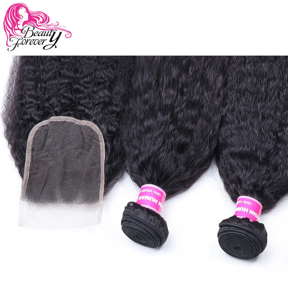 Beauty forever Kinky прямые волосы пучки с закрытием бразильские яки человеческие волосы пучки с закрытием 4x4 часть remy Волосы
