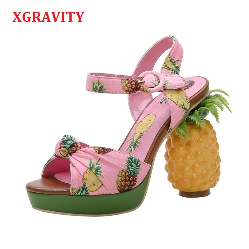 

Сандалии XGRAVITY B039 женские на высоком каблуке, Босоножки с открытым носком, модная обувь для вечеринки, с ананасом, странный дизайн, лето 2021