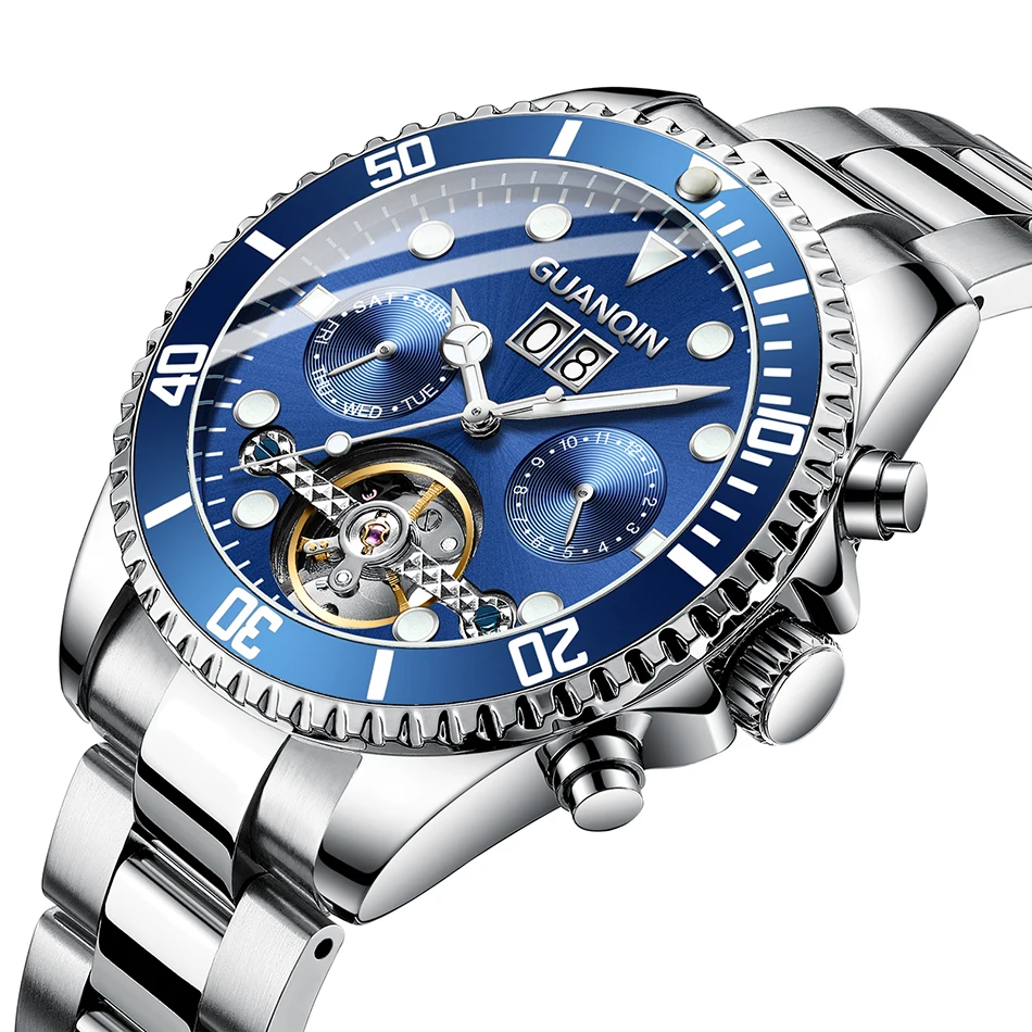 

GUANQIN Fashion Tourbillon Mechanical Watches High end Automatic Watch men Calendar Week Month Weterproof Steel Erkek kol saati