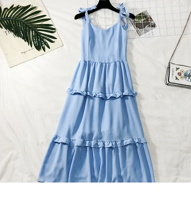 sky blue SINGRAIN, женское хлопковое льняные ремни, длинное платье, летнее, Многоуровневое, на бретельках, с рюшами, сарафан, повседневное, богемное, без рукавов, однотонное, с оборками, платье - Цвет: sky blue