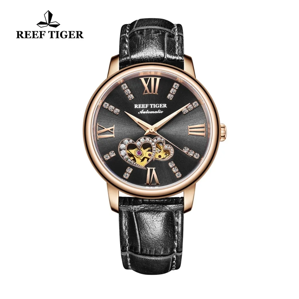 New Reef Tiger/RT Luxury Fashion Lady Watches Black Dial Diamond Watch Genuine Leather Strap Montre Femme RGA1580 enlarge