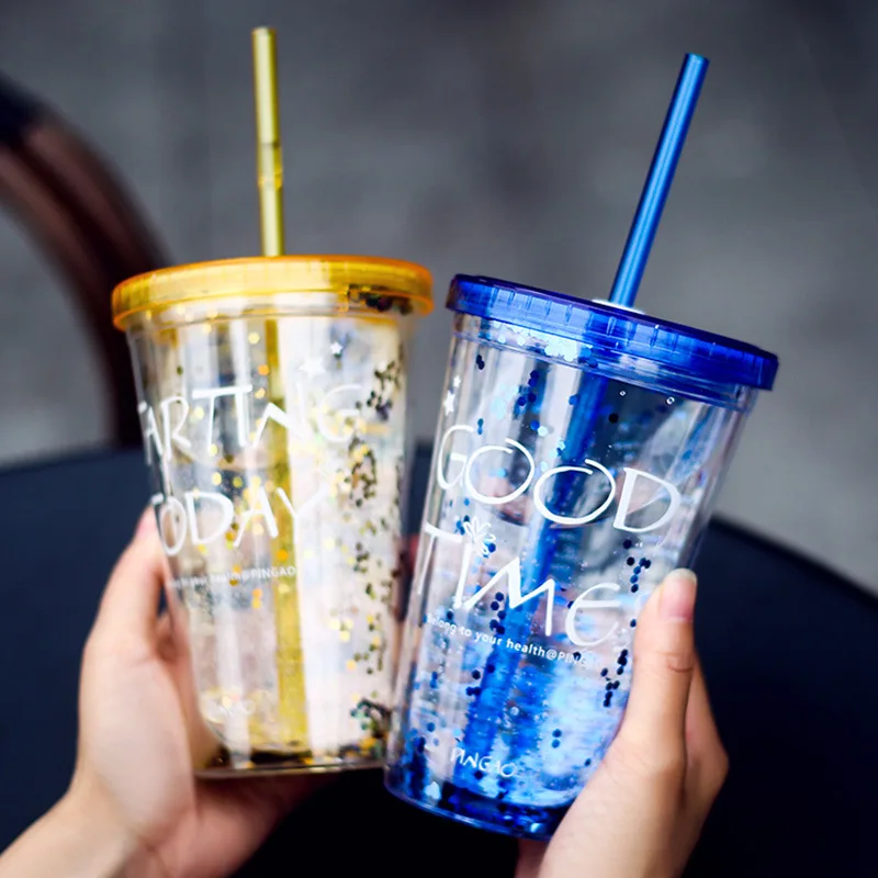 30pcs/lot 450ml Creative Colorful Double Layer Plastic Cup With Lid Summer Gold Powder Juice Water Straw 15.5*6.5cm | Дом и сад