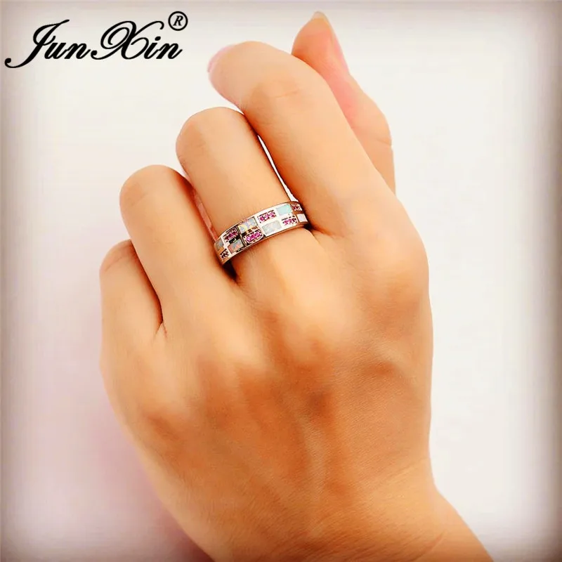 Luxury Blue White Fire Opal Ring Round Wedding Rings For Women Men Silver Color Purple Zircon Engagement Boho Jewelry | Украшения и