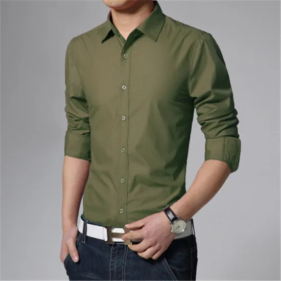 army green Весенняя мужская одежда с длинным рукавом, однотонная деловая рубашка/мужские модные тонкие повседневные хлопковые рубашки Camisa Camisas Masculina 2 - Цвет: army green