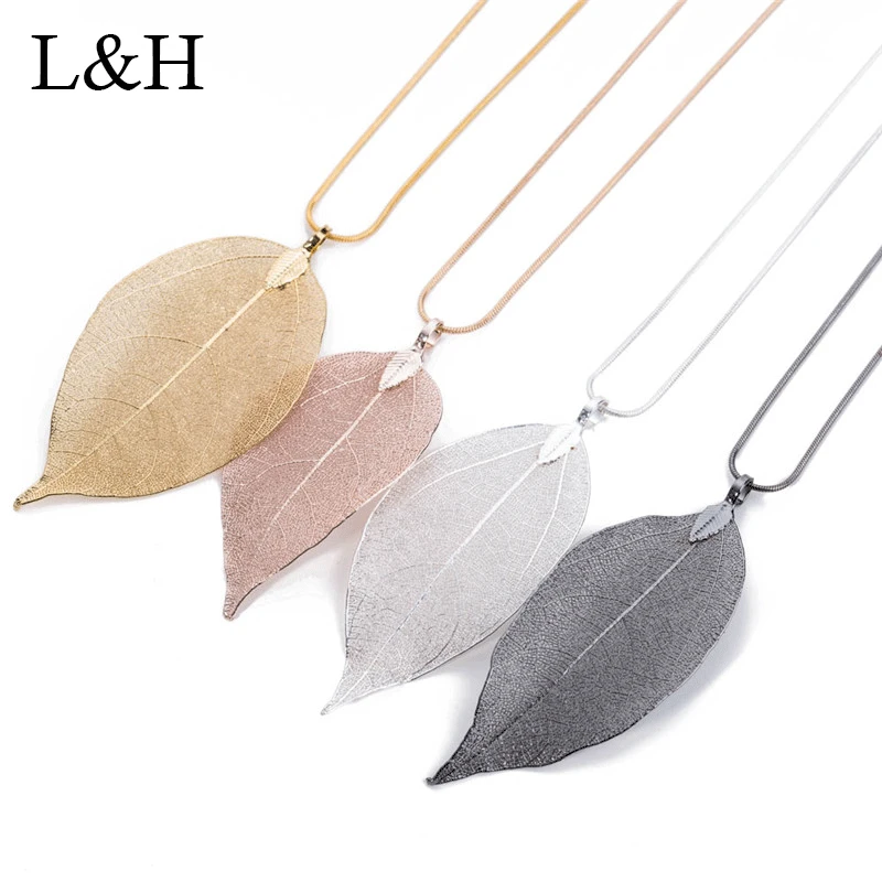 

Boho Real Natural Leaves Leaf Pendant Necklace Rose Gold Long Sweater Chain Necklace For Women Maxi Jewelry Collier Femme