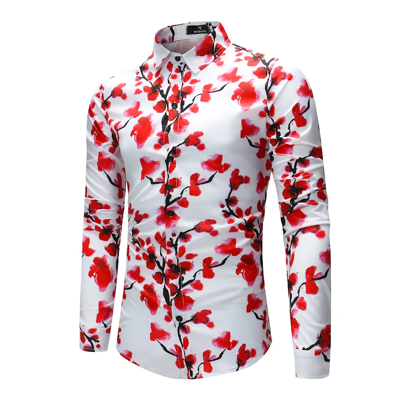 2018 рубашка Для мужчин новый Красной сливы Цветочный принт Slim Fit хлопковая Рубашка