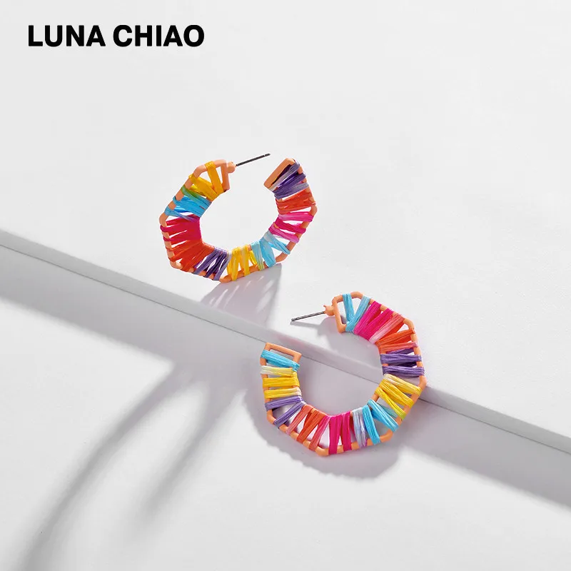Женские украшения LUNA CHIAO Разноцветные серьги кольца из рафии и