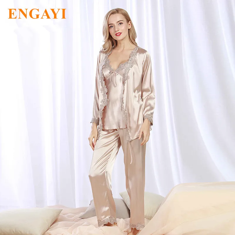 Большие размеры новые весенние женские шелковые пижамы пижамные комплекты из 3
