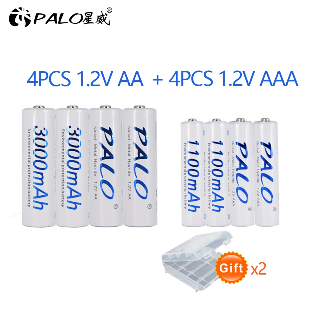 PALO 4 шт 1,2 V 3000mAh AA Ni-MH батареи+ 4 шт 1100mAh AAA батареи Ni-MH AA/AAA 1,2 V перезаряжаемые батареи