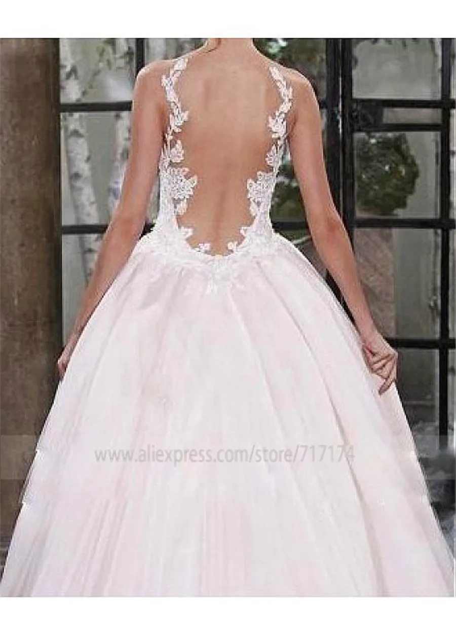 

Elegant Tulle Bateau Neckline A-line Wedding Dresses With Lace Appliques Pink Bridal Dress with Detachable Skirt