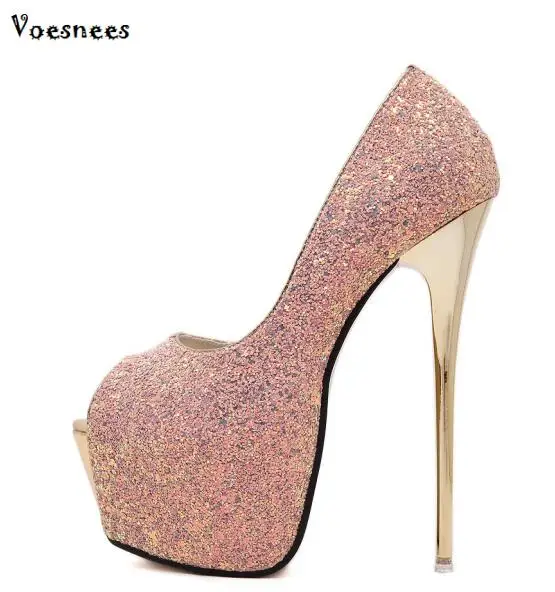 Туфли лодочки женские на платформе высокий каблук 16 см блестящие с открытым