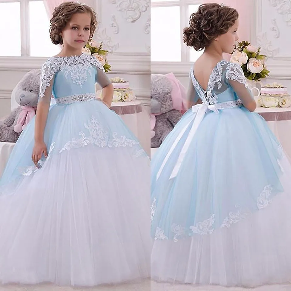Pageant Dresses for Little Girls Lace Appliques Half Sleeves Beading Belt Open V Back long Ruffle Tulle Ball Gowns 0-14Y