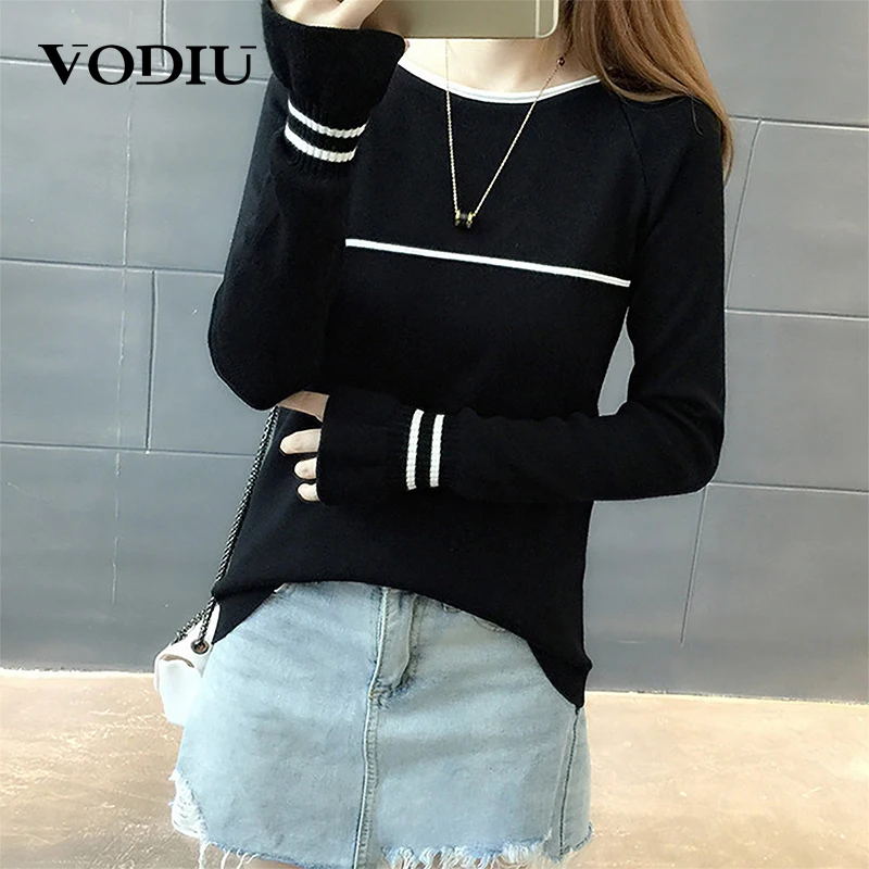 Свитер женский весенне-осенний однотонный в полоску с рукавом-бабочкой