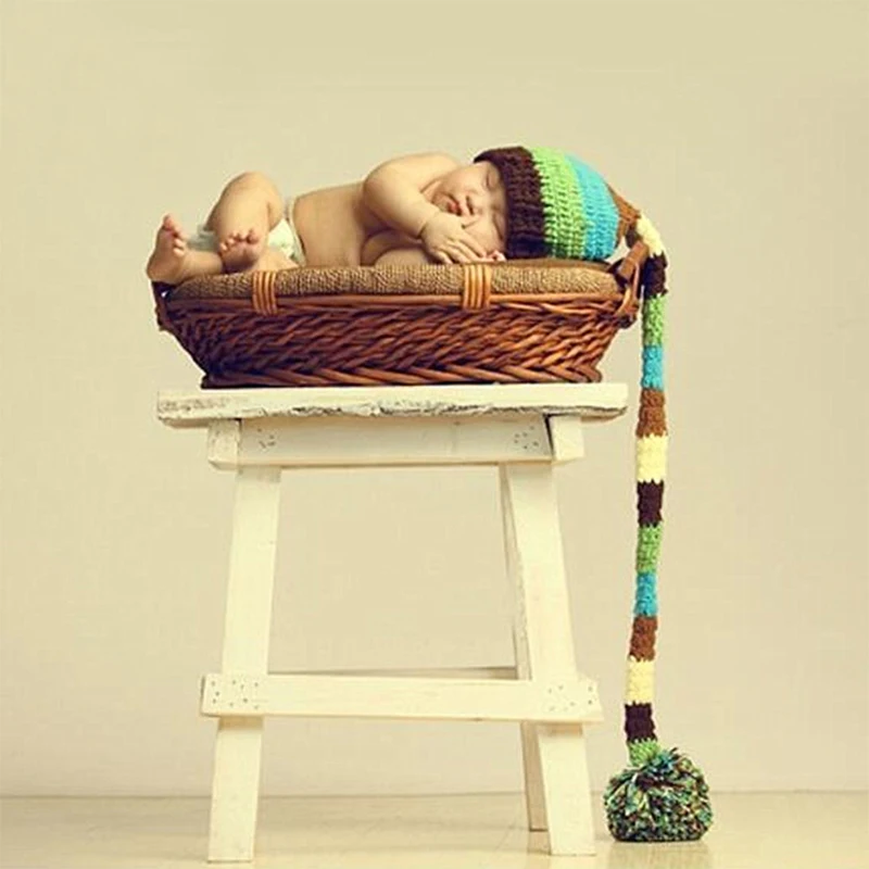 New born baby pom hat newborn photography props knit cap with long tail shooting fotografia accessories toddler beanie | Детская одежда
