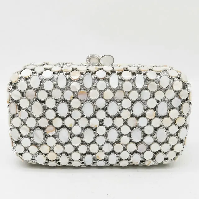 Silver Crystal Bag Boutique De FGG Natural Shell Women Evening Bags Minaudiere Handbags Wedding Formal Dinner Mother of Pearl Crystal Clutch Purse - Color: Silver Crystal Bag