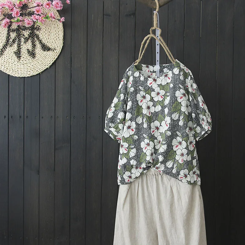 Women Shirt Floral Printed Ethnic Summer Clothes 2018 New Casual Short Sleeve Breathable Soft Cotton Linen Tops Ladies Blouse |