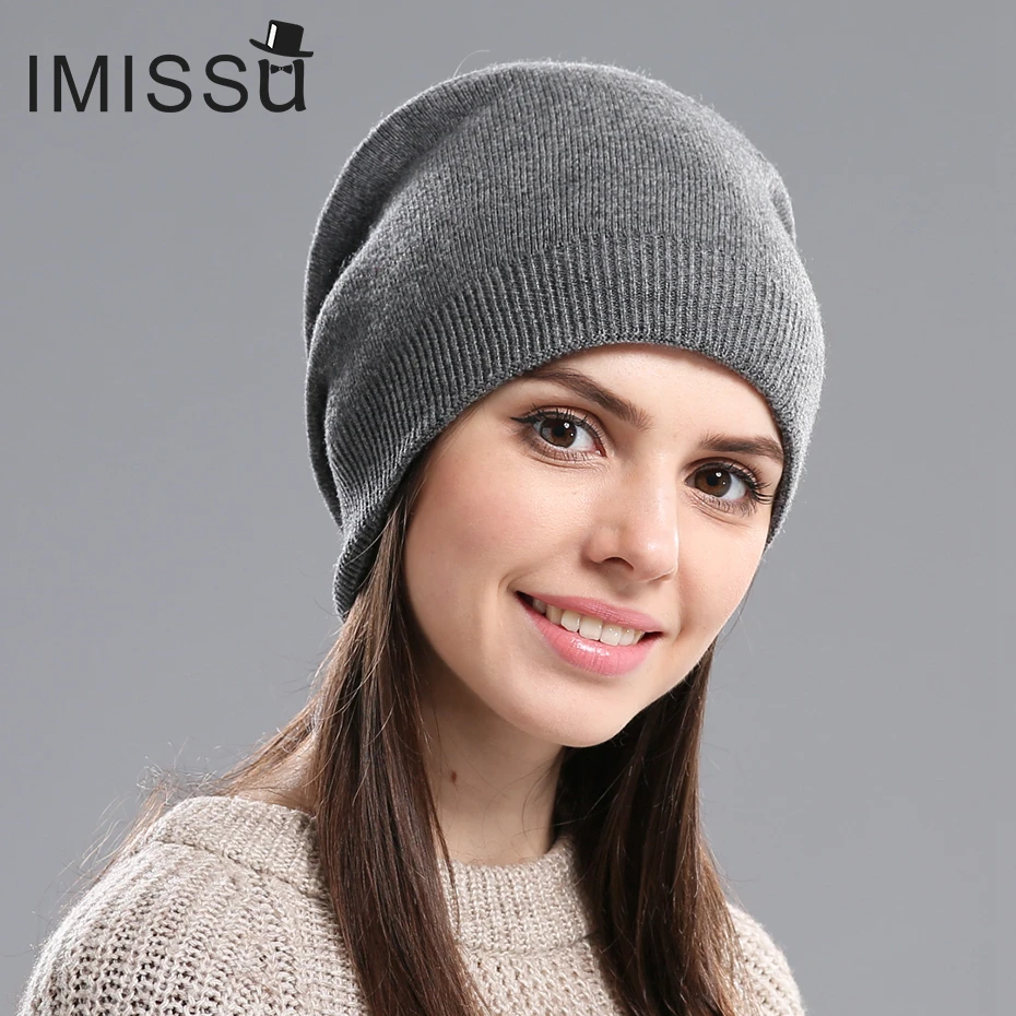 IMISSU Осень Зимние Шапки Мужская Трикотажные Настоящее Шерсть Skullies Повседневная
