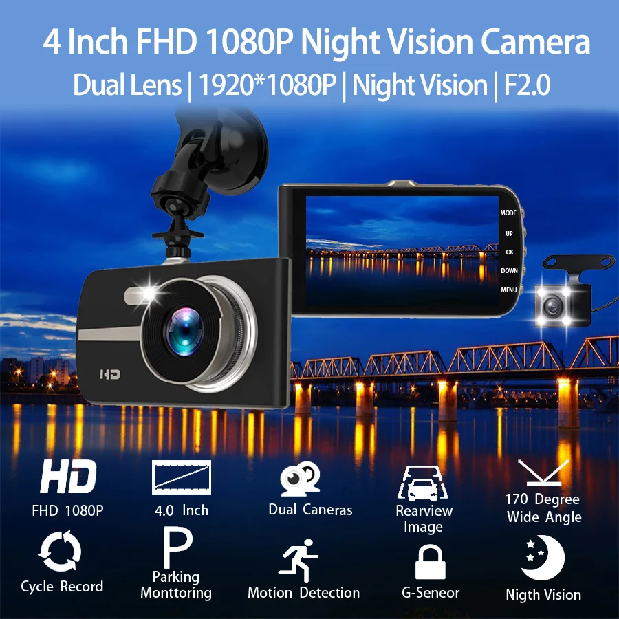 E ACE Автомобильный видеорегистратор FHD 1080P Dashcam 4 дюйма с двумя объективами ночного