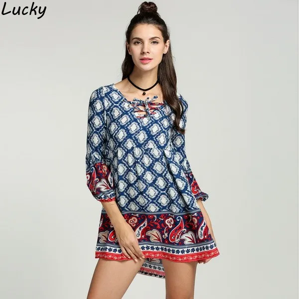 Печатные Для женщин летние платья V Средства ухода за кожей Шеи 3/4 рукава