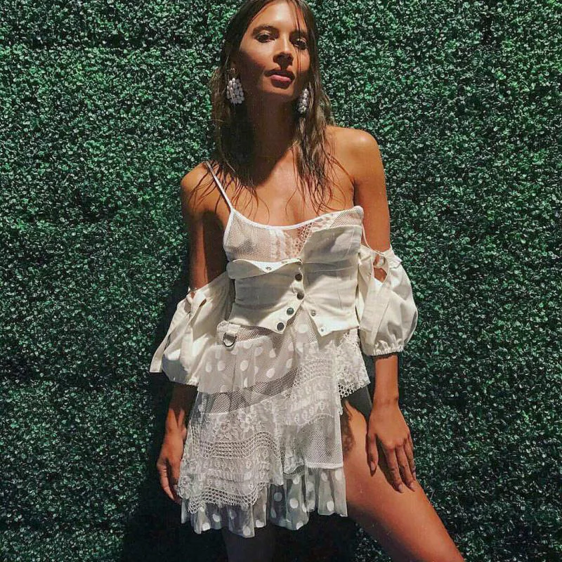 Two Pcs Set Women Off Shoulder Short Jean with Sleeveless StrapLace Lace Dress Slash Neck 2019 Summer | Женская одежда