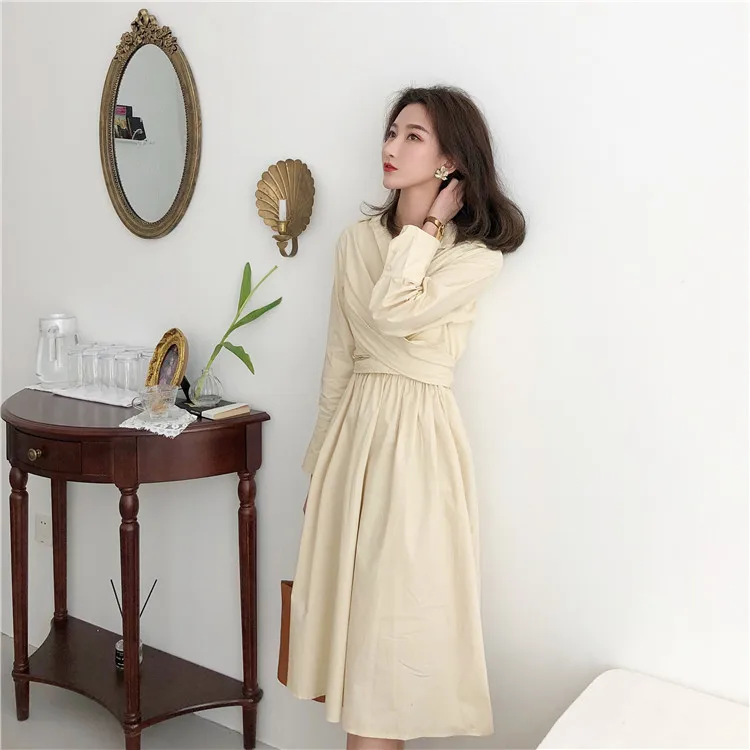 2018 Vintage Asymmetrical Long Sleeve Shirt Dress Women Back Bow with Sashes Korean Chic Yellow Blue Woman Casual Spring | Женская
