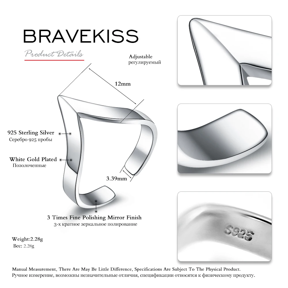BRAVEKISS, v-образная форма, 925, серебряное кольцо, дизайн для женщин, цена, открытые, регулируемые, простые, треугольные, кольца на палец, ювелирное изделие, BLR0313