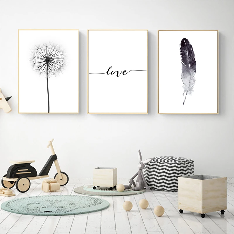 Черный и белый Одуванчик перья плакат принт с надписью Love Wall Art холст для живописи