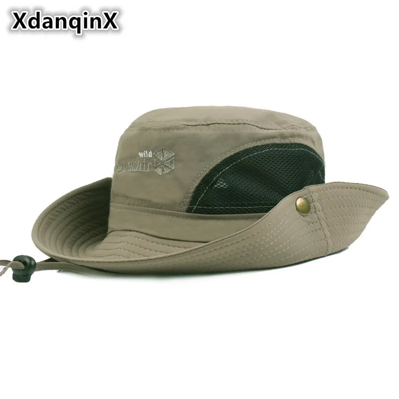 XdanqinX Summer Adult Men's Casual Mesh Breathable Bucket Hat Adjustable Size Wind Rope Fixed Panama Couples Fishing Cap