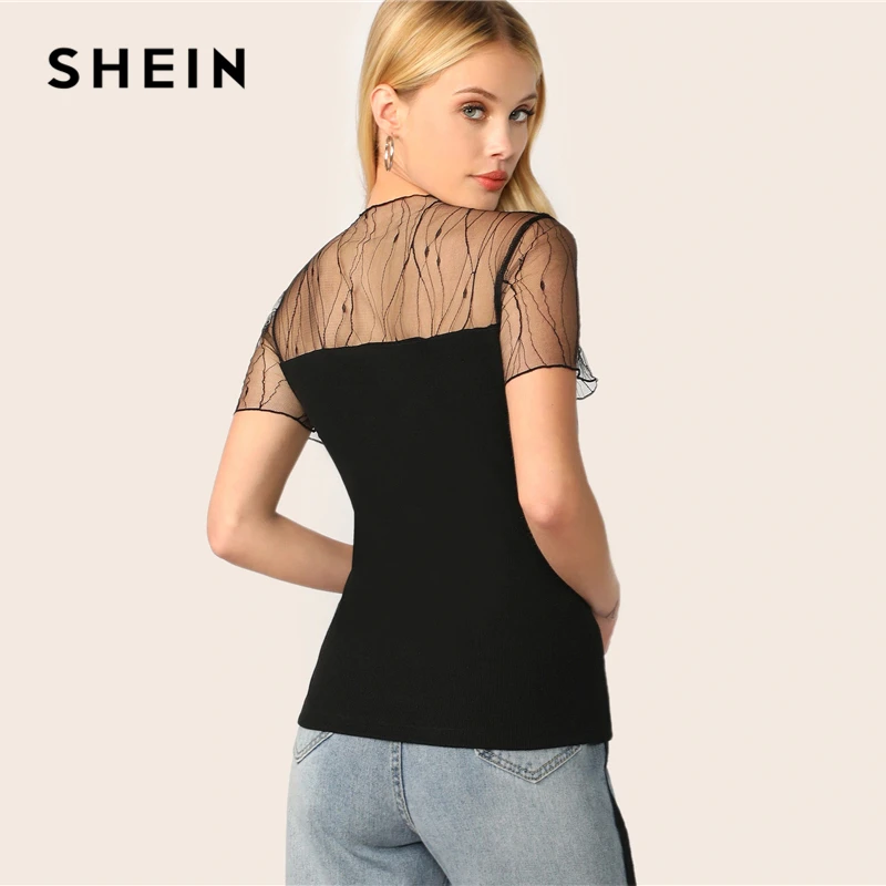 SHEIN Трикотажный Топ С Сетчатыми Вставками Женский Черный Летний Элегантный Топ С Короткими Рукавами И Стоячим Воротником