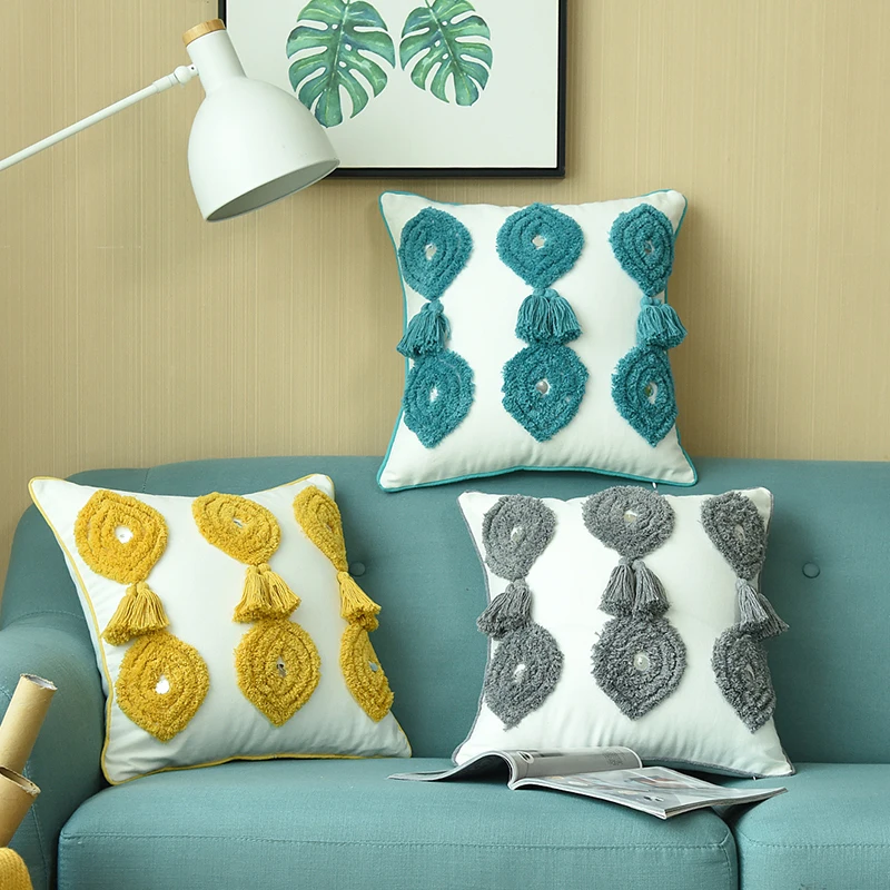 Наволочка для подушки с кисточками горчично желтая синяя серая наволочка ручной