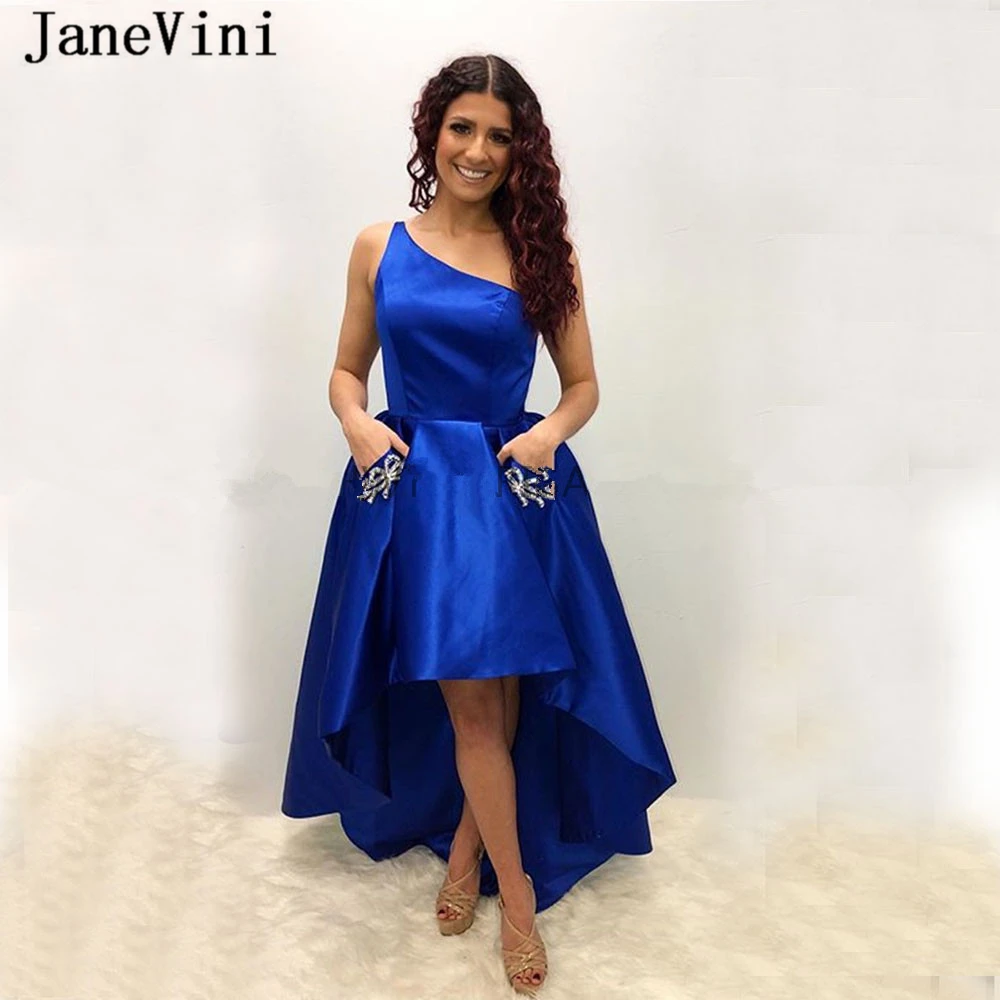 

JaneVini Elegant Royal Blue High Low Prom Dresses Long Plus Size One Shoulder Sleeveless Beaded Satin Formal Dress Custom Made