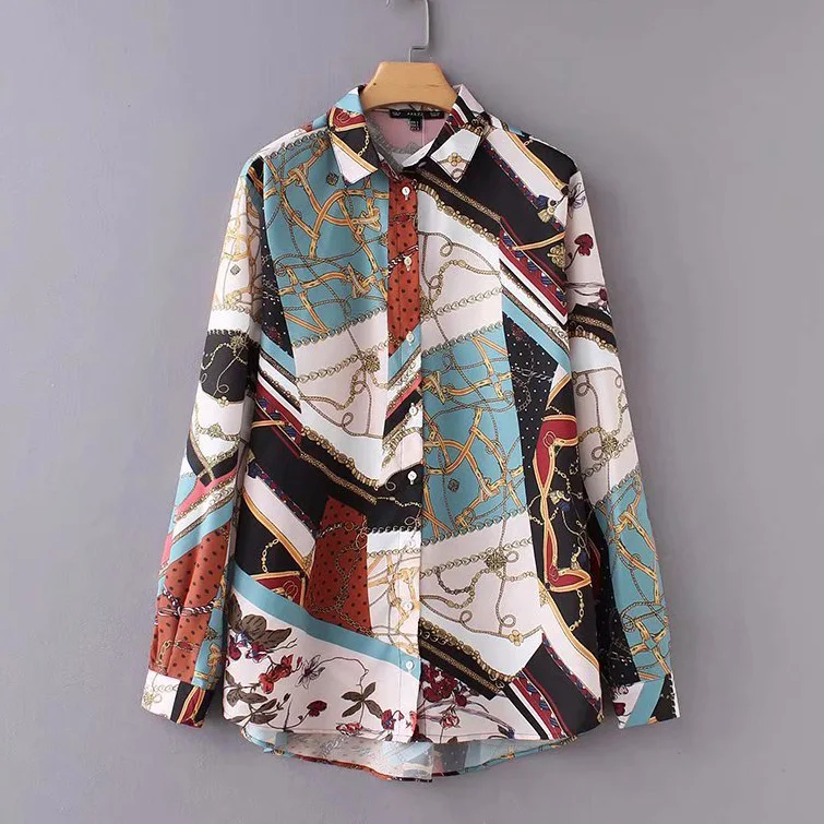 women vintage chain patchwork print smock Shirt blouses business casual femininas blusas long sleeve retro tops |