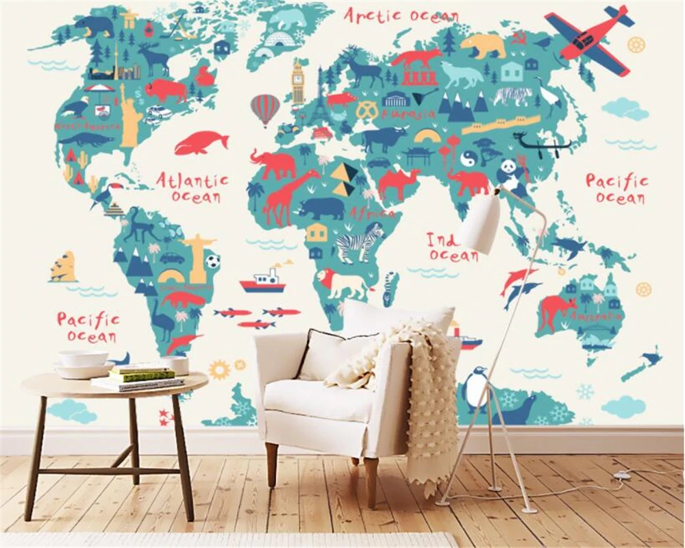 

Beibehang Custom wallpaper cartoon version of the world map children's room backdrop kindergarten wallpaper for walls 3 d murals