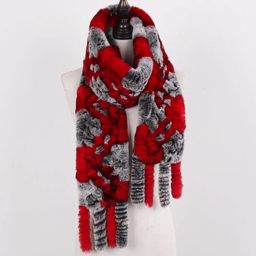 grey and red Новинка, женский длинный шарф из натурального меха кролика Рекс, Женский вязаный шарф из меха кролика рекс с кисточками, зимний теплый шарф из натурального меха - Цвет: grey and red