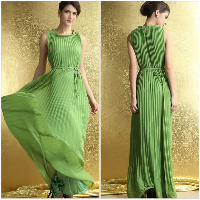 Green chiffon one button big bottom maxi dress with rope belt Frill trim  neckline Long Casual Bohemian Pleated Maxi Dresses | Женская одежда |  АлиЭкспресс