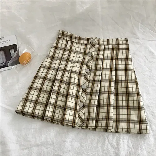light yellow Винтажная клетчатая модная пуговица, женская короткая мини-юбка на весну и лето, Женская Повседневная плиссированная юбка трапециевидной формы с высокой талией для студентов - Цвет: light yellow