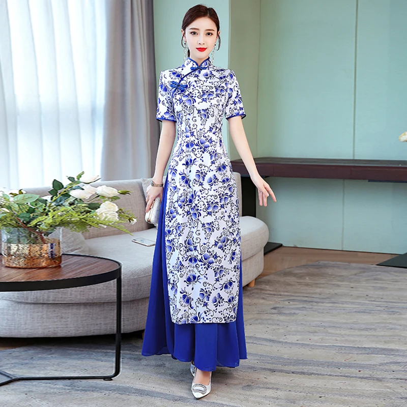Новое поступление голубое белое фарфоровое длинное платье Ao Dai qipao для женщин |