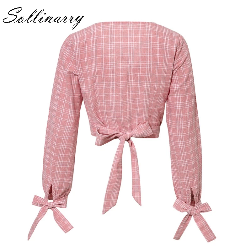 Sollinarry Pink plaid Long Sleeve Crop Womens Tops and Blouse Casual V-Neck Feminino Cardigan Bow Shirt Blusa |