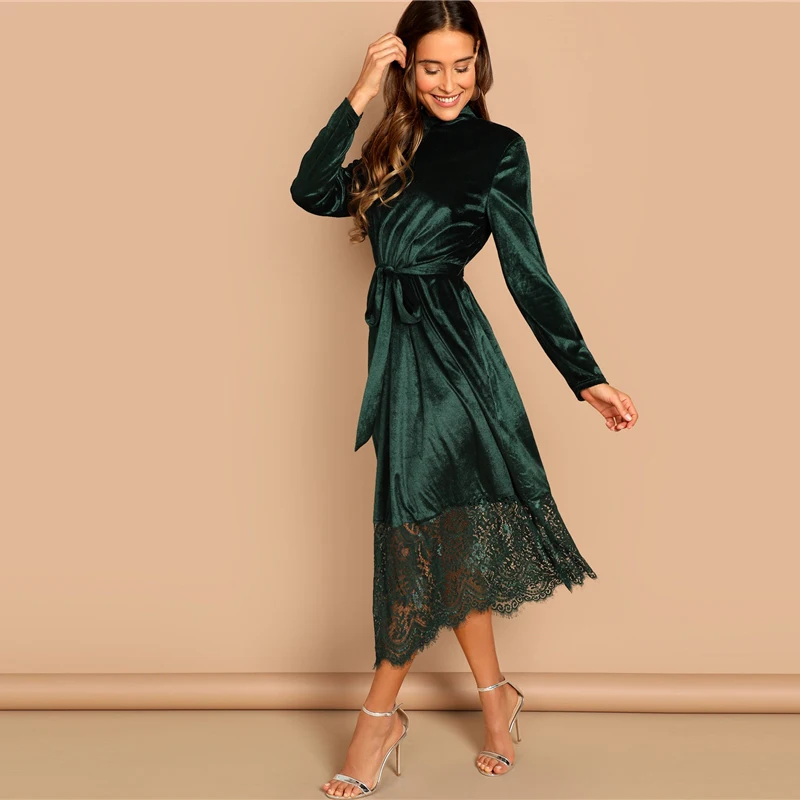 SHEIN Бархатное Платье С Поясом, Элегантное Платье С Длинными Рукавами И Кружевом, Осеннее Повседневное Платье