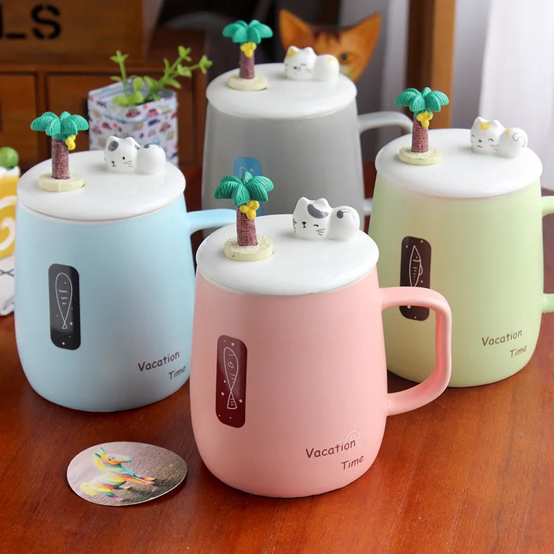 Hot American Cartoon 3D Relief Kitty Cat Fish Letter Micro Landscape Lid Cover Ceramic Mug Work Office Student School Lover Cup|lovers cup|ceramic