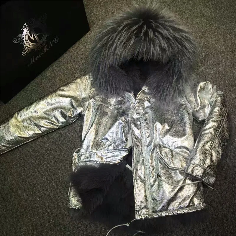 Новая женская Серебристая кожаная куртка с серой подкладкой из лисьего меха