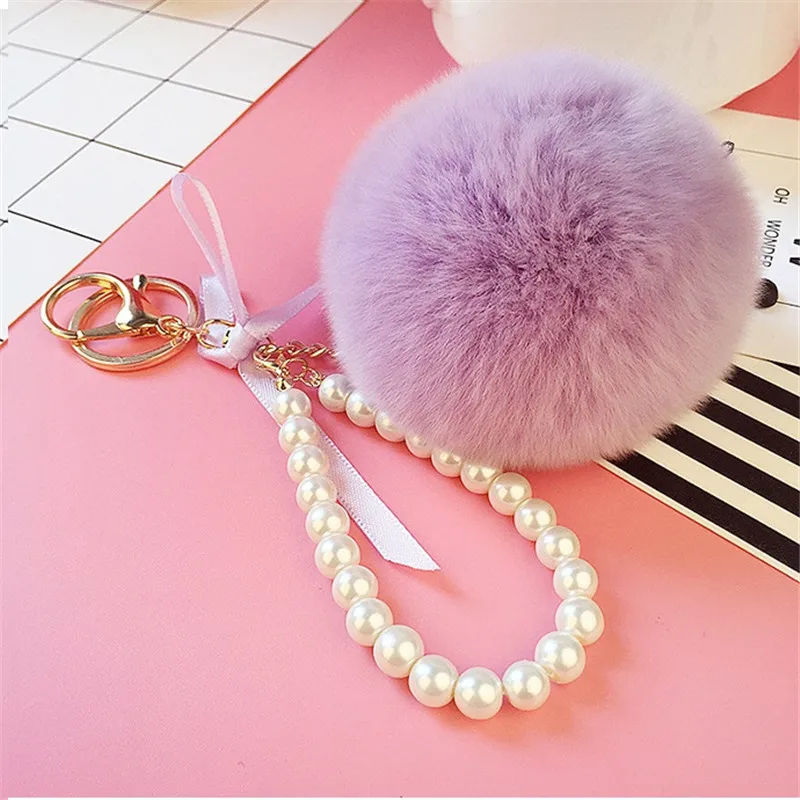 Женский брелок с жемчугом и помпоном из натурального кроличьего меха|bag keychain|brand