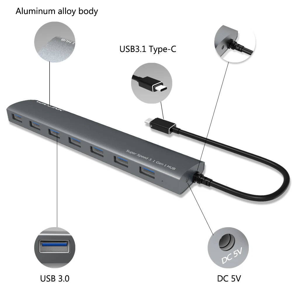 Высокоскоростной 7 портовый USB C концентратор 3 1 Алюминиевый Тип Разделитель с