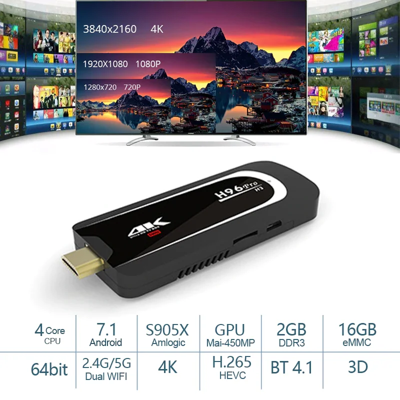 H96 Pro H3 Мини ПК Amlogic S905X ТВ коробка 4 ядра Android 7,1 ТВ ключ 2GB16GB 2,4G/5.G Wi-Fi BT4.1 1080 P 4 K HD ТВ палка