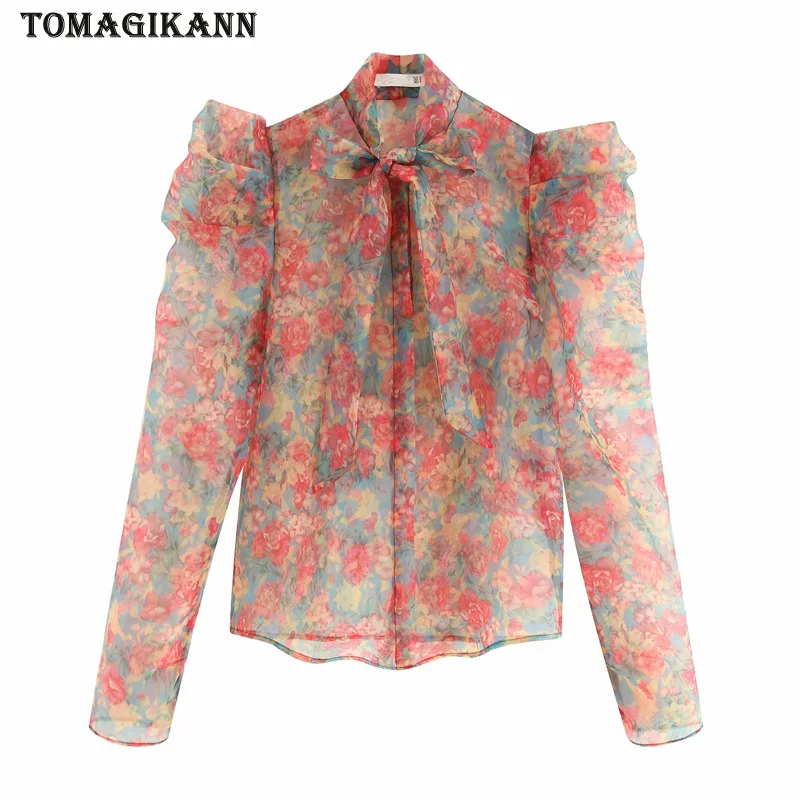 Women Blouse Sexy Transparent Floral Print Organza Shirt 2019 Summer Bow Tied Collar Long Sleeve Slim Blusas Feminine Tops | Женская