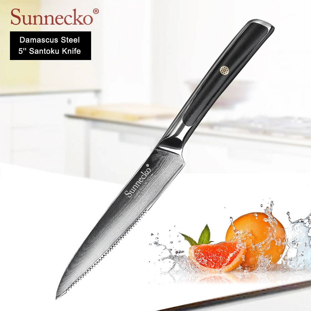 

SUNNECKO Premium 5'' Steak Knives Damascus Japanese VG10 Core Steel Blade Kitchen Knives Sharp Meat Cutter Chef Knife G10 Handle