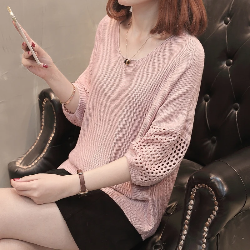 fashion summer women knitwear thin ice silk o-neck lantern half sleeve hollow loose Tops casual knitted all match sweatersFemale | Женская