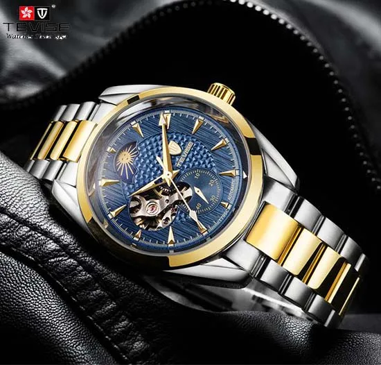 Часы мужские механические automatic Tourbillon деловые мужские часы Moon Phase стальные мужские часы водонепроницаемые наручные часы Tevise T795c