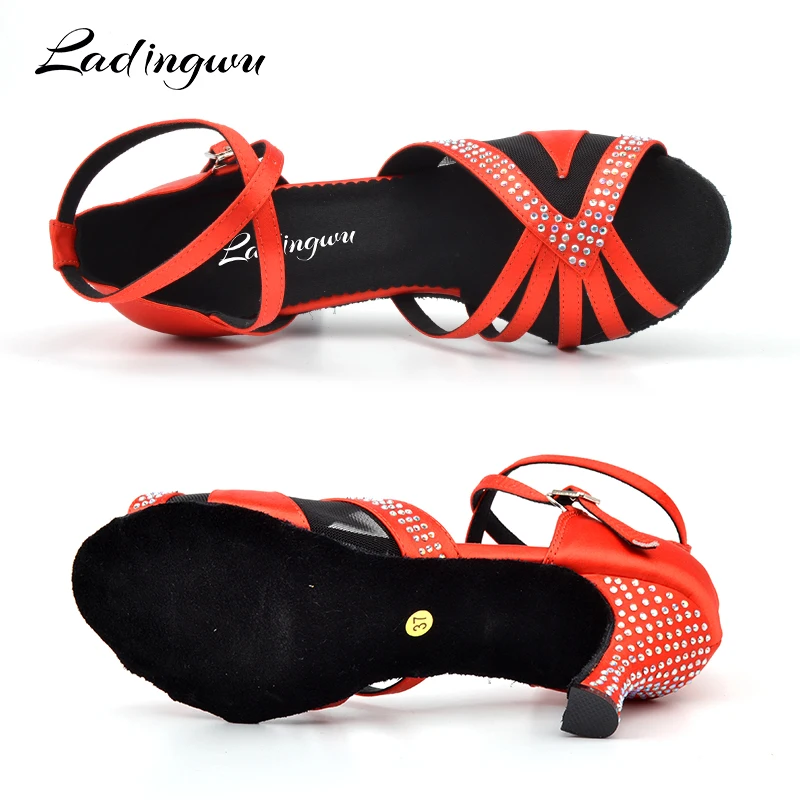 Ladingwu ballroom dance shoes for girls Glitter Rhinestone Latin Dance Shoes Women Satin Red Brown and Breathable mesh Sandals | Спорт и