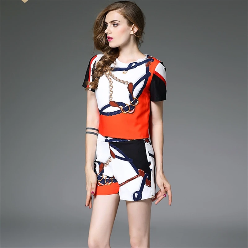 Short Pants Suit Women Summer Vintage Geometric Printing Blouse Tops And Zipper Shorts Office Ladies Formal Twinset SL087 |